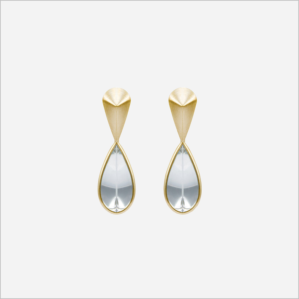 Brinco Gota Geométrica • Ouro Amarelo 18K com cristal de quartzo